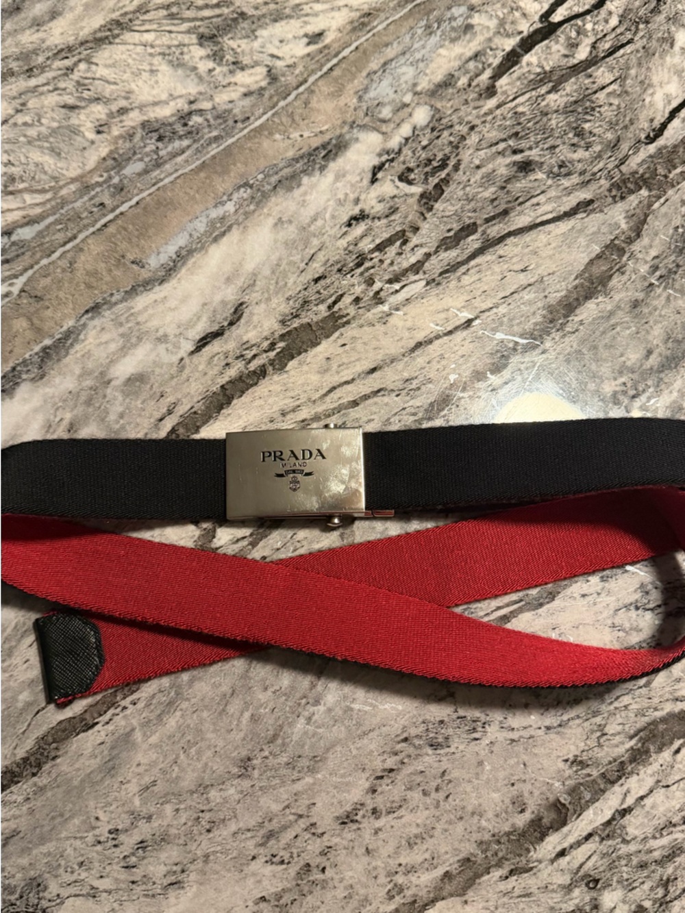 Prada Black and Red Reversible Stretch Logo Belt